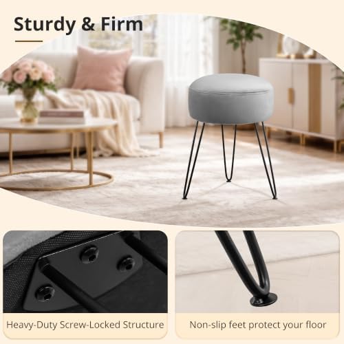 LUE BONA Vanity Stool, Gray Vanity Stools for Makeup Room, Round Ottoman Foot Stool, Velvet Footrest Vanity Chair for Bathroom Vanity, Bedroom, Living Room, Entryway, Offices, 300lbs - Image 5