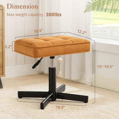 LUE BONA Adjustable Vanity Stool, 15''-19.5'' Foot Rest Under Desk, 360° Swivel Vanity Chair for Makeup Room, Ginger Yellow Upholstered Suede Ottoman for Bathroom & Living Room, 300lbs - Image 2