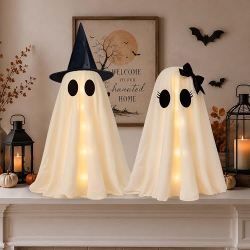 2 Pack 24 Inch Halloween Ghost Decorations, Light Up Ghosts with Witch Hats, DIY Spooky Ghost Decor with LED Lights for Porch Yard Lawn Garden Home Halloween Party by Watlie