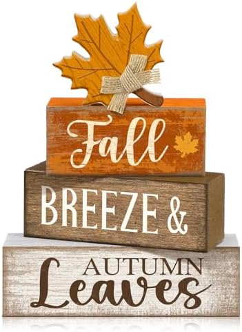 Lineshading 4 Pcs Wooden Fall Block Signs Farmhouse Tabletop Decor by Lineshading