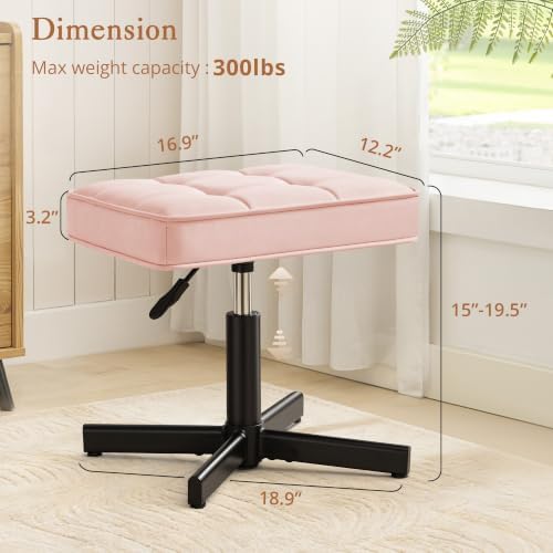 LUE BONA Adjustable Vanity Stool, 15''-19.5'' Foot Rest Under Desk, 360° Swivel Vanity Chair for Makeup Room, Pink Upholstered Faux Leather Ottoman for Bathroom & Living Room, 300lbs - Image 2