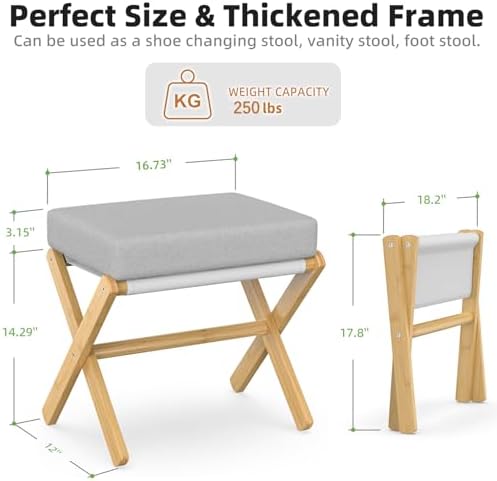 BAMBOOHOMIE Foldable Foot Stool Ottoman, Modern Foot Rest with Bamboo X Legs & Thick Foam Cushion, Folding Foot Stools Small Padded for Bedroom Living Room, Footstool for Chair Couch (Natural - Grey) - Image 3