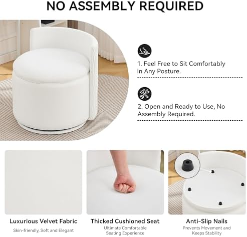 WUTUTUEE Large Velvet Vanity Chair with Storage, 360° Swivel Makeup Chair with Wave Back, No Assembly Small Accent Stool for Bedroom, Dressing, Living Room, White - Image 4