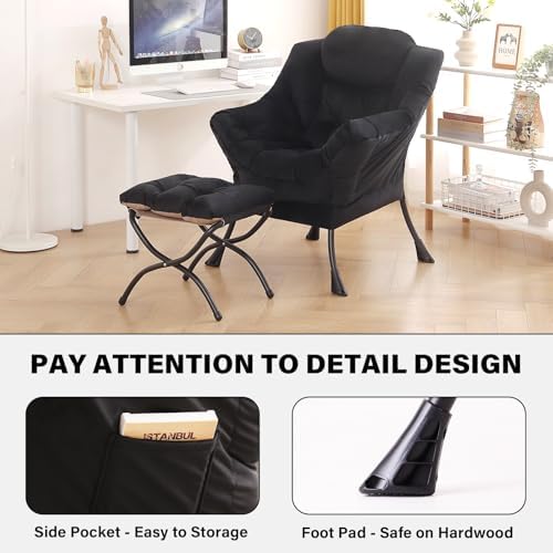 Tiita Lazy Chair with Ottoman, Comfy Reading Accent Chair, Velvet Black - Image 5