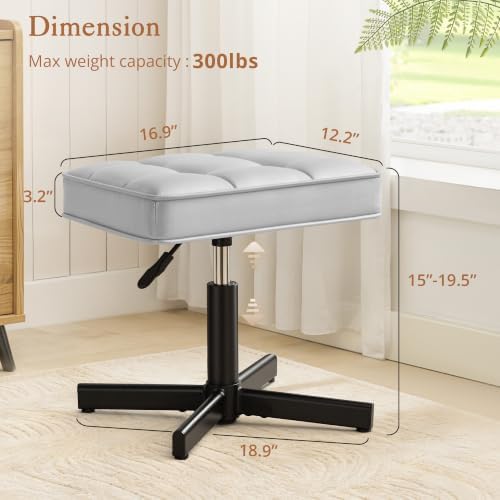 LUE BONA Adjustable Vanity Stool, 15''-19.5'' Foot Rest Under Desk, 360° Swivel Vanity Chair for Makeup Room, Silver Upholstered Faux Leather Ottoman for Bathroom & Living Room, 300lbs - Image 2