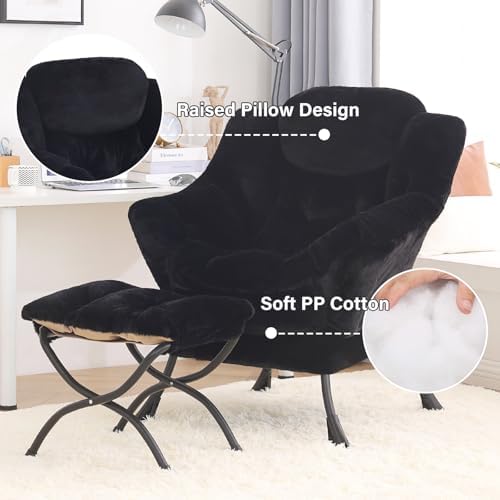 Tiita Lazy Chair with Ottoman, Comfy Reading Accent Chair, Plush Black - Image 4