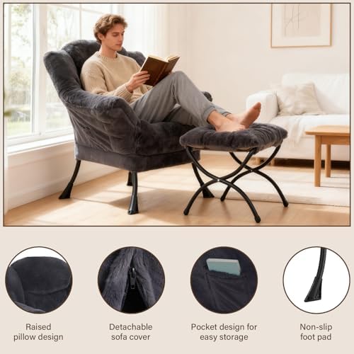 Welnow Lazy Chair with Ottoman, Reading Chair with Footrest, Navy Blue - Image 6