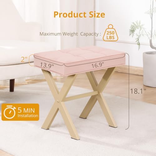 LUE BONA Vanity Stool, Square Linen Makeup Stool with Metal X Legs, Small Ottoman Stool Chair for Vanity, Modern Padded Vanity Seat Foot Rest Stool for Makeup Room, Bathroom, Pink Color - Image 2