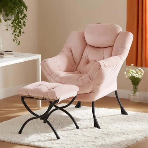 Tiita Lazy Chair with Ottoman, Comfy Reading Accent Chair, Velvet Pink - Image 3