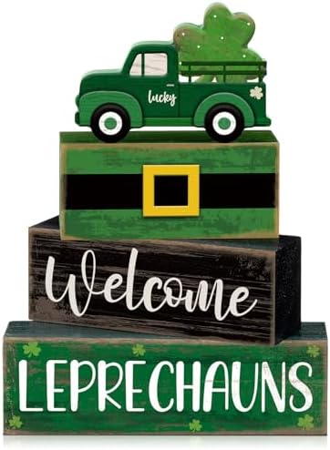 Lineshading 4 Pcs Wooden Leprechaun Block Signs Tiered Tray Decor by Lineshading