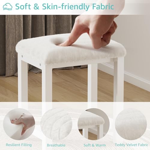 Small Plush Vanity Stool, Cute Vanity Stools with Soft Faux Rabbit Fur Cushion, White Makeup Vanity Chair for Small Spaces, Living Room, Bedroom, Entryway, Ottoman Foot Rest for Couch Sillas Modern - Image 4