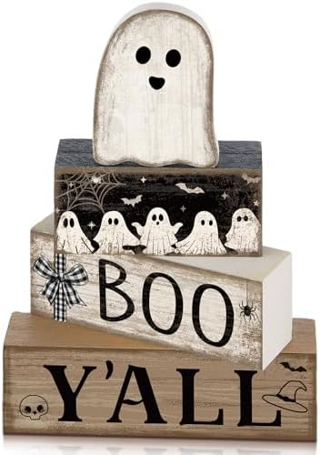 Lineshading 4 Pcs Halloween Table Decoration Wooden Ghost Tiered Tray Decor by Lineshading