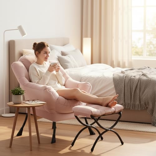 Welnow Lazy Chair with Ottoman, Reading Chair with Footrest, Pink - Image 2