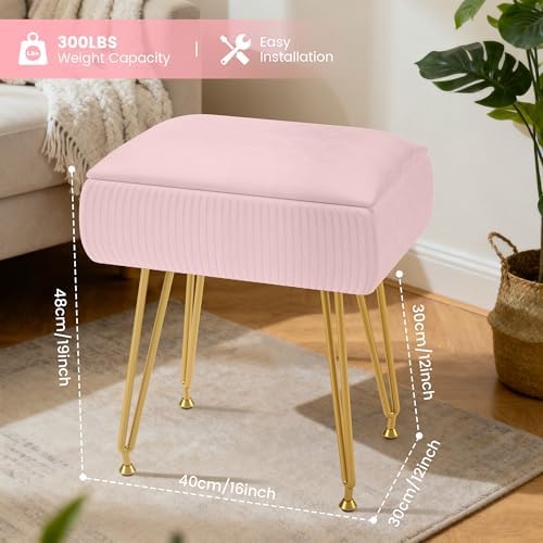 Marching Pin Vanity Stool Chair with Storage, Ottoman Faux Fur Soft Padded Makeup Footstools Seat with 4 Metal Legs Anti-Slip Adjustable Feet Modern Cute Small Footrest for Home Entryway Bedroom - Image 3