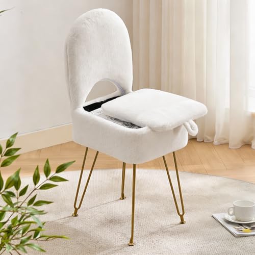 Gitrah White Vanity Chair with Storage, Folding Back Faux Fur Vanity Stool, Makeup Ottoman with Gold Legs for Bedroom/Bathroom by Gitrah
