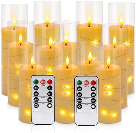 YOROXRG Flickering Flameless Candles Battery Operated with Remote,Led Pillar Candles with Realistic Moving Wick Candles for Halloween,Christmas,Home Decor Pack of 12 (D2.2 xH 5" 6" 7")(White) by YOROXRG