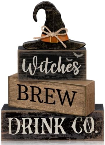 Lineshading 4 Pcs Halloween Witch Wood Block Signs, Tiered Tray Decor by Lineshading