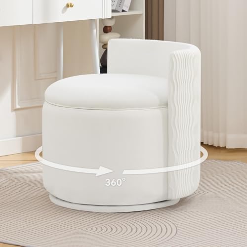 WUTUTUEE Large Velvet Vanity Chair with Storage, 360° Swivel Makeup Chair with Wave Back, No Assembly Small Accent Stool for Bedroom, Dressing, Living Room, White by WUTUTUEE