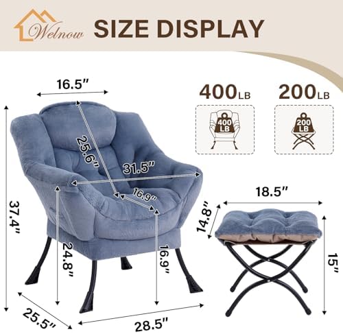 Welnow Lazy Chair with Ottoman,Reading Chair with Footrest,Light Blue - Image 3