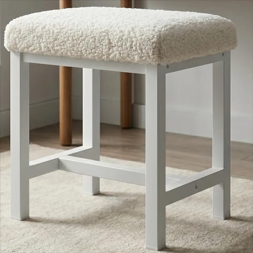 Small Faux Teddy Fur Vanity Stool, Cute Vanity Stools with Cushion, White Makeup Vanity Chair for Small Spaces, Living Room, Bedroom, Bathroom, Entryway, Ottoman Foot Rest for Couch Sillas Modern by KAI-ROAD