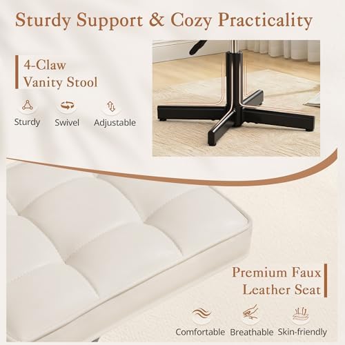 LUE BONA Adjustable Vanity Stool, 15''-19.5'' Foot Rest Under Desk, 360° Swivel Vanity Chair for Makeup Room, Cream Upholstered Faux Leather Ottoman for Bathroom & Living Room, 300lbs - Image 4