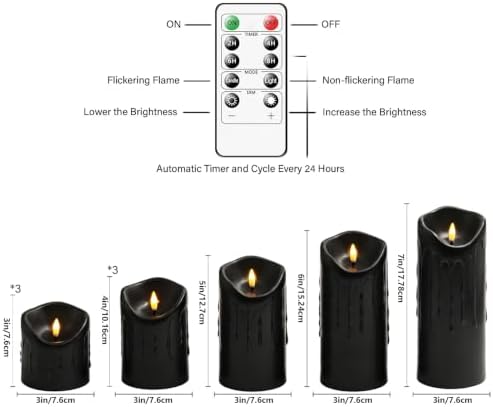 Nimiko Flameless Candles with Remote, Battery Operated Flickering Flameless Candles, LED Candles with Timer 2/4/6/8H, Realistic Drop Wax flameless Candle Set of 9 (D3 x H 3" 4" 5" 6" 7") (Black) - Image 3