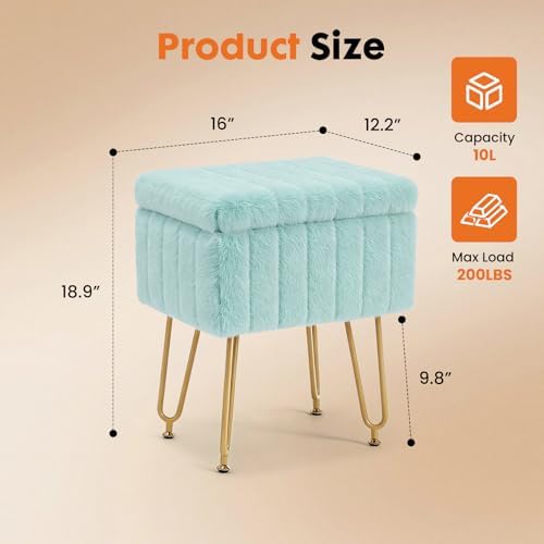 DUMOS Vanity Stool Chair with Storage, Small Ottoman Faux Fur Soft Padded Footstools Seat with 4 Metal Legs Anti-Slip Adjustable Feet Modern Footrest for Home Entryway Bedroom Makeup - Image 2