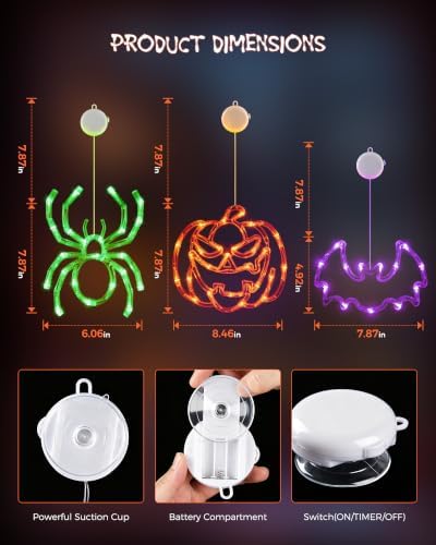 Minetom 3 Pack Halloween Windows Lights - Pumpkin, Spider, Bat with Timer - Image 4
