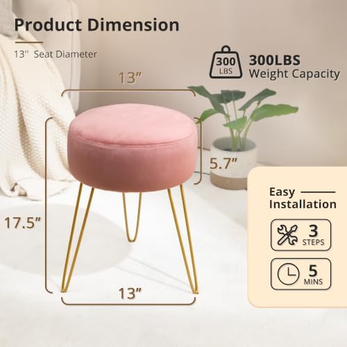 LUE BONA Vanity Stool, Pink Vanity Stools for Makeup Room, Round Ottoman Foot Stool, Velvet Footrest Vanity Chair for Bathroom Vanity, Bedroom, Living Room, Entryway, Offices, 300lbs - Image 3
