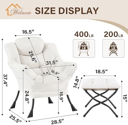 Welnow Lazy Chair with Ottoman, Reading Chair with Footrest, Beige - Image 3