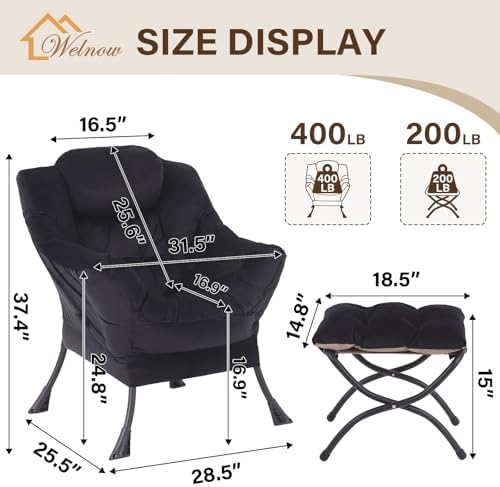 Welnow Lazy Chair with Ottoman, Reading Chair with Footrest, Black - Image 3