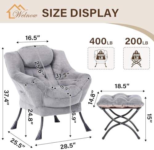 Welnow Lazy Chair with Ottoman, Reading Chair with Footrest, Grey - Image 3