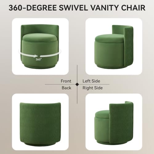 Large Velvet Vanity Chair, 360° Swivel Makeup Chair with Storage, Green - Image 6