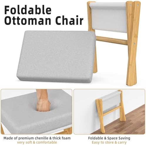 BAMBOOHOMIE Foldable Foot Stool Ottoman, Modern Foot Rest with Bamboo X Legs & Thick Foam Cushion, Folding Foot Stools Small Padded for Bedroom Living Room, Footstool for Chair Couch (Natural - Grey) - Image 5
