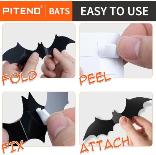 Piteno® 96Pcs Bats Halloween Decorations Party Supplies, Realistic PVC 3D Black Scary Bat Stickers for Creepy Home Decor Halloween Party Decorations DIY Wall Window Decal Bathroom Indoors (Large) - Image 3