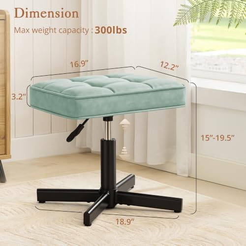 LUE BONA Adjustable Vanity Stool, 15''-19.5'' Foot Rest Under Desk, 360° Swivel Vanity Chair for Makeup Room, Green Upholstered Faux Leather Ottoman for Bathroom & Living Room, 300lbs - Image 2