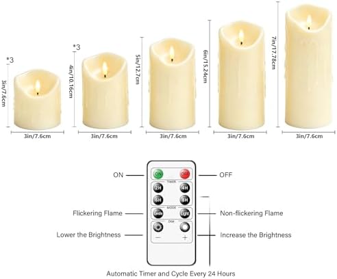 Nimiko Flameless Candles with Remote, Battery Operated Flickering Flameless Candles, LED Candles with Timer 2/4/6/8H, Realistic Drop Wax flameless Candle Set of 9 (D3 x H 3" 4" 5" 6" 7") (Ivory) - Image 2