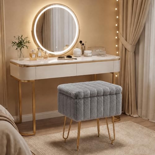 OLIXIS Vanity Stool Chair Faux Fur with Storage, Soft Ottoman 4 Metal Legs with Anti-Slip Feet, Makeup Cute Soft Small Footstool for Makeup, Cute Small Footrest for Dressing Table - Image 5