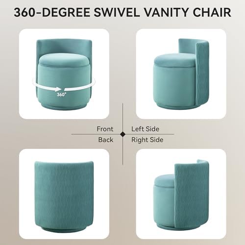 WUTUTUEE Velvet Vanity Chair with Storage, 360° Swivel Makeup Chair with Wave Back, No Assembly Small Accent Stool for Bedroom, Dressing, Living Room, Teal - Image 6