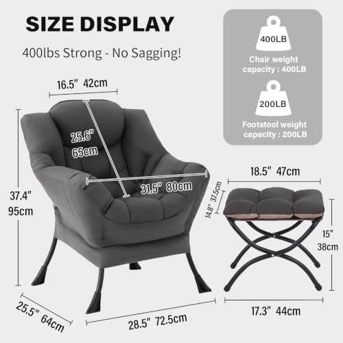 Tiita Lazy Chair with Ottoman, Comfy Reading Accent Chair, Dark Grey - Image 2