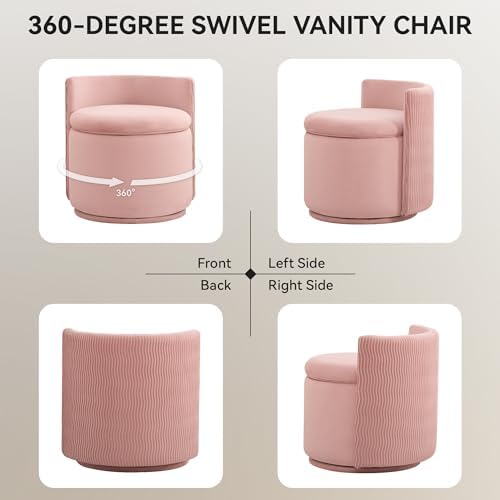 WUTUTUEE Large Velvet Vanity Chair with Storage, 360° Swivel Makeup Chair with Wave Back, No Assembly Small Accent Stool for Bedroom, Dressing, Living Room, Pink - Image 6