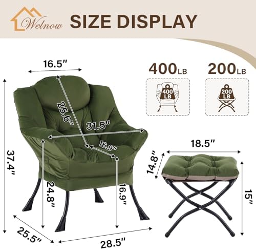 Welnow Lazy Chair with Ottoman, Reading Chair with Footrest, Army Green - Image 3