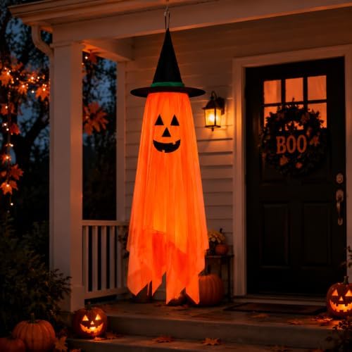 Halloween Decorations Ghost Hanging Ornaments: 39.4 Inch Foldable Cloth Witch Hat Ghost Decor With Lanyards - Reusable Hanging Halloween for Tree Porch Yard and Ceiling Wall Home by Unknown