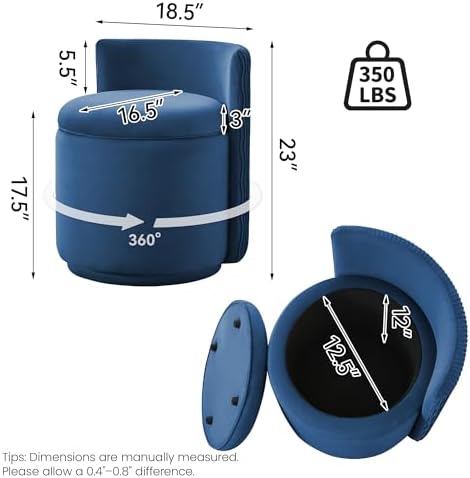 WUTUTUEE Velvet Vanity Chair with Storage, 360° Swivel Makeup Chair with Wave Back, No Assembly Small Accent Stool for Bedroom, Dressing, Living Room, Blue - Image 2