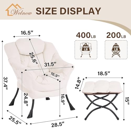 Welnow Lazy Chair with Ottoman, Reading Chair with Footrest, Off‑White - Image 3