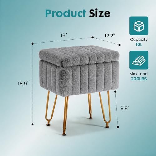 OLIXIS Vanity Stool Chair Faux Fur with Storage, Soft Ottoman 4 Metal Legs with Anti-Slip Feet, Makeup Cute Soft Small Footstool for Makeup, Cute Small Footrest for Dressing Table - Image 2