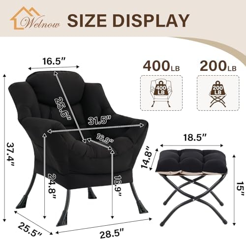 Welnow Lazy Chair with Ottoman, Reading Chair with Footrest,Matte Black - Image 3