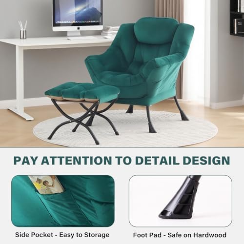 Tiita Lazy Chair with Ottoman, Comfy Reading Accent Chair, Velvet Green - Image 5