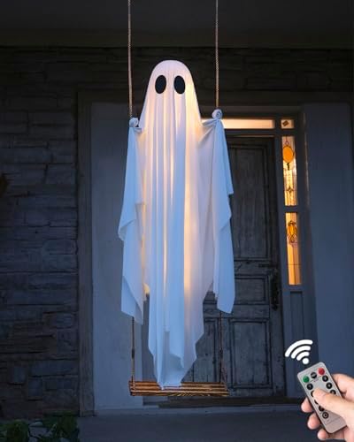 Halloween Decorations Outdoor - 5 FT Large Hanging Swing Ghost Halloween Decor with String Lights, Spooky Cute Ghosts Decorations for Front Porch Yard Tree by MERKYO