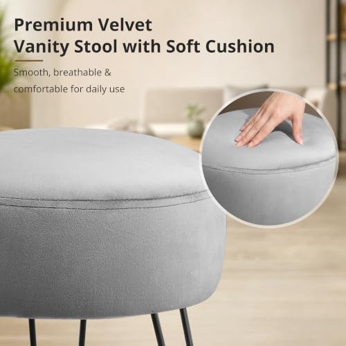 LUE BONA Vanity Stool, Gray Vanity Stools for Makeup Room, Round Ottoman Foot Stool, Velvet Footrest Vanity Chair for Bathroom Vanity, Bedroom, Living Room, Entryway, Offices, 300lbs - Image 6